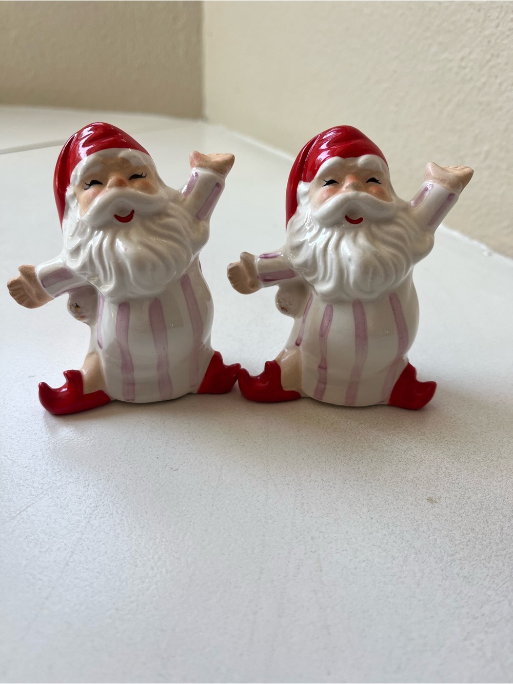 Norcrest Ceramic Santa Pair Red and Light Pink Pajamas Salt and Pepper Shakers